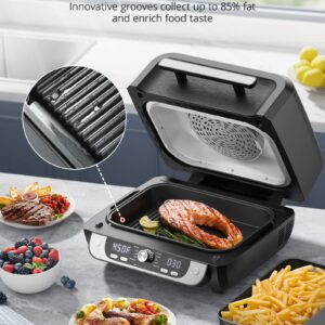 Indoor Grill and Air Fryer Combo, Paris Rhône Electric Indoor Grill Smokeless, 12-in-1 for Grill, Griddle, Slow Cook, Broil, Bake, Crisp, Roast, Dehydrate, Dual Heating Elements, Easy Knob Control