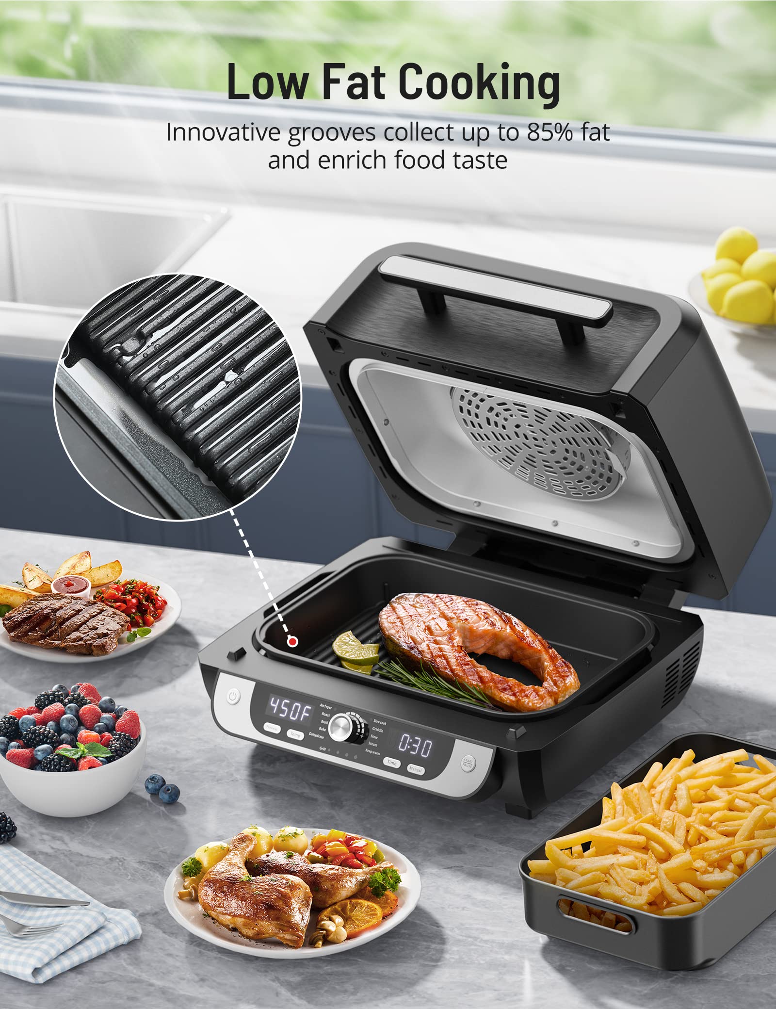 Indoor Grill and Air Fryer Combo, Paris Rhône Electric Indoor Grill Smokeless, 12-in-1 for Grill, Griddle, Slow Cook, Broil, Bake, Crisp, Roast, Dehydrate, Dual Heating Elements, Easy Knob Control