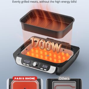 Indoor Grill and Air Fryer Combo, Paris Rhône Electric Indoor Grill Smokeless, 12-in-1 for Grill, Griddle, Slow Cook, Broil, Bake, Crisp, Roast, Dehydrate, Dual Heating Elements, Easy Knob Control