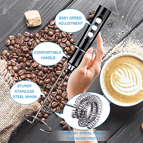 Milk Frother Handheld, Rechargable Coffee Foam Maker with Stand & 2 Whisks, Wanderland 3 Speeds Electric Coffee Mixer for Coffee, Lattes, Cappuccino, Matcha, Hot Chocolate (Black）