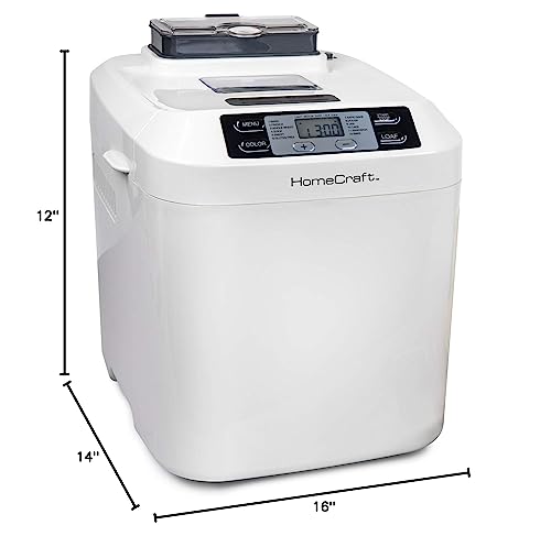 HomeCraft HCPBMAD2WH Bread Maker with Auto Fruit & Nut Dispenser Makes 2 Lb. Loaf Size, 3 Crust Options, Programmable Settings, 14"D x 16"W x 12"H, White