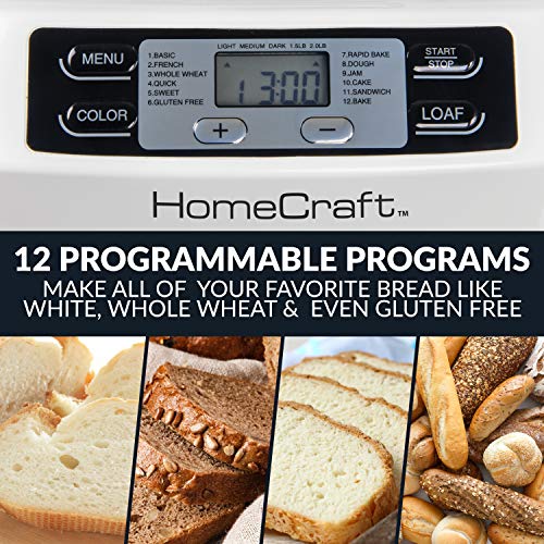 HomeCraft HCPBMAD2WH Bread Maker with Auto Fruit & Nut Dispenser Makes 2 Lb. Loaf Size, 3 Crust Options, Programmable Settings, 14"D x 16"W x 12"H, White