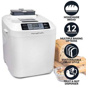 HomeCraft HCPBMAD2WH Bread Maker with Auto Fruit & Nut Dispenser Makes 2 Lb. Loaf Size, 3 Crust Options, Programmable Settings, 14"D x 16"W x 12"H, White