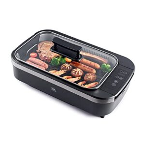 x&e smokeless indoor grill, 6 heating tubes, 1500w indoor grill,smoke extractor technology,tempered glass lid, 15*9 nonstick removable surface, touch screen, dishwasher-safe, black portable bbq electric grill.