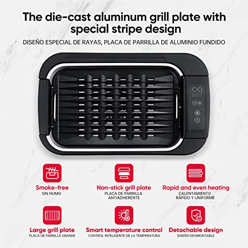X&E Smokeless Indoor Grill, 6 heating tubes, 1500W indoor grill,Smoke Extractor Technology,Tempered Glass Lid, 15*9 Nonstick Removable Surface, Touch Screen, Dishwasher-Safe, Black Portable BBQ Electric Grill.