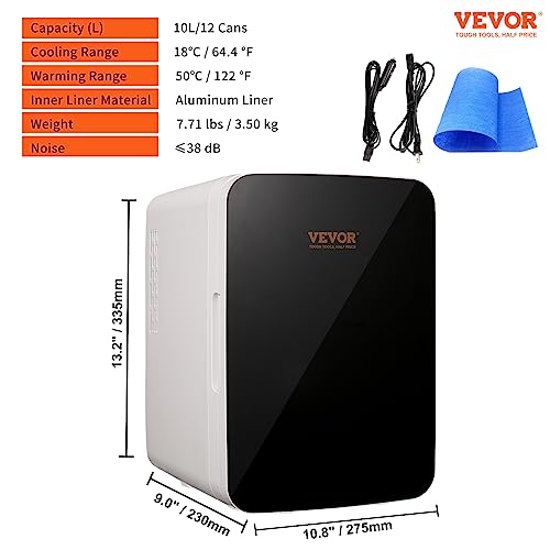 VEVOR Mini Fridge for Bedroom 10 Liter/12 Can Portable Refrigerator, Luxury Small Beverage Cooling for Skincare Food Breast Milk Chill AC/DC Cooler Warmer for Office Dorm Car, Black