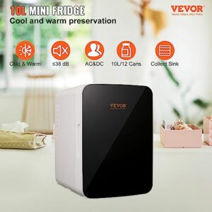 VEVOR Mini Fridge for Bedroom 10 Liter/12 Can Portable Refrigerator, Luxury Small Beverage Cooling for Skincare Food Breast Milk Chill AC/DC Cooler Warmer for Office Dorm Car, Black