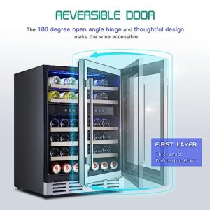 Kalamera 24 inch Wine Cooler, 46 Bottle - Dual Zone Built-in or Freestanding Fridge with Stainless Steel Reversible Glass Door, for Home, Kitchen, or Office.