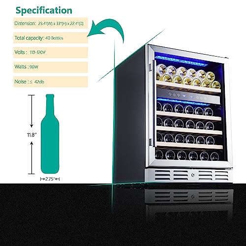 Kalamera 24 inch Wine Cooler, 46 Bottle - Dual Zone Built-in or Freestanding Fridge with Stainless Steel Reversible Glass Door, for Home, Kitchen, or Office.