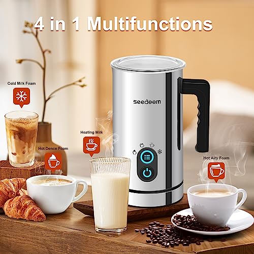 Milk Frother, Seedeem 4-in-1 Electric Milk Steamer, 10.2oz/300ml Automatic Warm and Cold Milk Foamer, Stainless Steel Milk Steamer for Latte, Cappuccinos, Hot Chocolate Milk