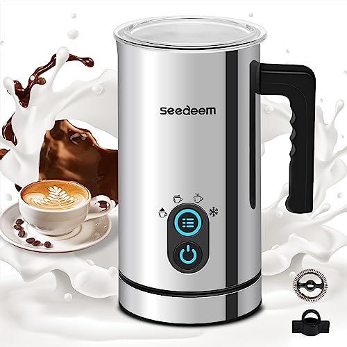 Milk Frother, Seedeem 4-in-1 Electric Milk Steamer, 10.2oz/300ml Automatic Warm and Cold Milk Foamer, Stainless Steel Milk Steamer for Latte, Cappuccinos, Hot Chocolate Milk