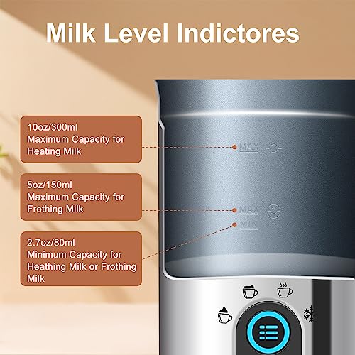 Milk Frother, Seedeem 4-in-1 Electric Milk Steamer, 10.2oz/300ml Automatic Warm and Cold Milk Foamer, Stainless Steel Milk Steamer for Latte, Cappuccinos, Hot Chocolate Milk