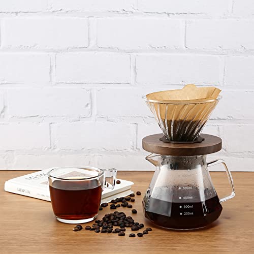 Lalord Pour Over Coffee Dripper with 100 pcs V60 Paper Filter, Walnut Handle and Borosilicate Glass, V60 Glass Coffee Dripper, Hold for 1-4 Cups