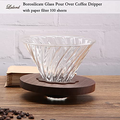 Lalord Pour Over Coffee Dripper with 100 pcs V60 Paper Filter, Walnut Handle and Borosilicate Glass, V60 Glass Coffee Dripper, Hold for 1-4 Cups