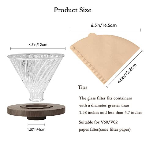 Lalord Pour Over Coffee Dripper with 100 pcs V60 Paper Filter, Walnut Handle and Borosilicate Glass, V60 Glass Coffee Dripper, Hold for 1-4 Cups