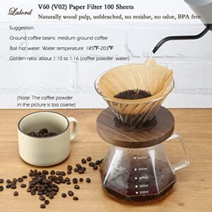 Lalord Pour Over Coffee Dripper with 100 pcs V60 Paper Filter, Walnut Handle and Borosilicate Glass, V60 Glass Coffee Dripper, Hold for 1-4 Cups