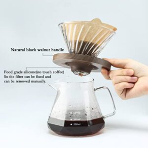 Lalord Pour Over Coffee Dripper with 100 pcs V60 Paper Filter, Walnut Handle and Borosilicate Glass, V60 Glass Coffee Dripper, Hold for 1-4 Cups