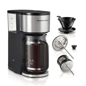hamilton beach home barista 7-in-1 coffee maker with seven ways to brew, 6 cup carafe, drip, single serve, french press, pour over, cold brew, easy-fill reservoir, black (46251)