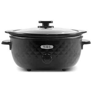 elite gourmet mst1234bx diamond pattern slow cooker removable, dishwasher-safe stoneware pot with tempered glass lid, cool-touch handles, 6 quart, charcoal black