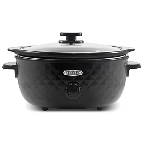 Elite Gourmet MST1234BX Diamond Pattern Slow Cooker Removable, Dishwasher-Safe Stoneware Pot with Tempered Glass Lid, Cool-Touch Handles, 6 Quart, Charcoal Black