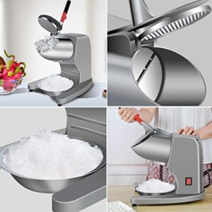 Electric Shaved Ice Machine 11 Inch Height 380W Three Blade Ice Crusher Snow Cone Maker Machines 220lbs/hr for Home and Commercial Use (Silver)