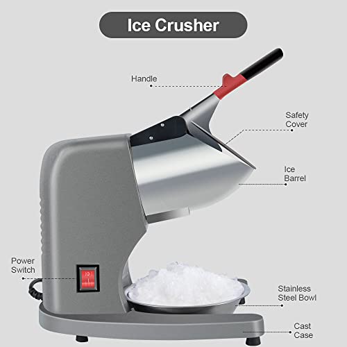Electric Shaved Ice Machine 11 Inch Height 380W Three Blade Ice Crusher Snow Cone Maker Machines 220lbs/hr for Home and Commercial Use (Silver)