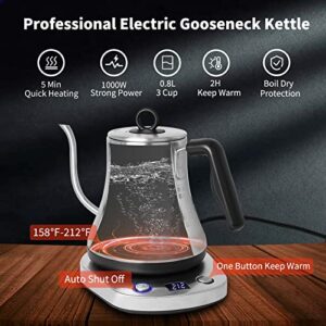 HOMOKUS Electric Gooseneck Kettle with Temperature Control - Pour Over Kettle for Coffee and Tea with 6 Temp Presets - 100% Stainless Steel Inner - 1000W Rapid Heating - 0.8L