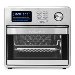 kalorik maxx® 16 quart digital air fryer oven, easy to use, 9-in-1 versatility - air fryer, bake, braise, broil, dehydrate, grill, roast, sear, and toast, 21 smart presets, 5 accessories, bonus cookbook, 500°f, 1600w, stainless steel