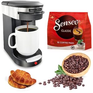 senseo hamilton beach commercial deluxe coffeemaker 1 cup coffee brewer and 16 coffee pods medium roast classic coffee bags, black/stainless steel single hospitality 3-minute brew time, hdc200s