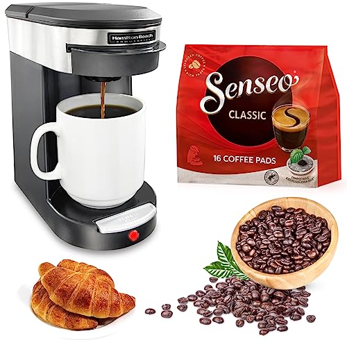 Senseo Hamilton Beach Commercial Deluxe Coffeemaker 1 Cup Coffee Brewer and 16 Coffee Pods Medium Roast Classic Coffee Bags, Black/Stainless Steel Single Hospitality 3-Minute Brew Time, HDC200S