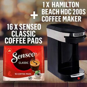 Senseo Hamilton Beach Commercial Deluxe Coffeemaker 1 Cup Coffee Brewer and 16 Coffee Pods Medium Roast Classic Coffee Bags, Black/Stainless Steel Single Hospitality 3-Minute Brew Time, HDC200S