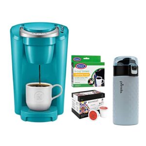 keurig k-compact single-serve k-cup pod coffee maker (turquoise) bundle with k-cup brewer cleaning cups (5-cups), 12-ounce stainless steel tumbler, and 12-count colombian roast (4 items)