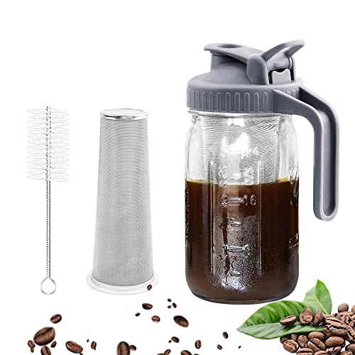 UYANGG Cold Brew Mason Jar Coffee Maker 32 OZ Wide Mouth Cold Brew Pitcher With Coffee Filter and Cleaning Brush For Coffee, Iced Tea, Sun Tea, Lemonade (grey)