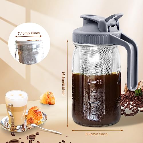 UYANGG Cold Brew Mason Jar Coffee Maker 32 OZ Wide Mouth Cold Brew Pitcher With Coffee Filter and Cleaning Brush For Coffee, Iced Tea, Sun Tea, Lemonade (grey)