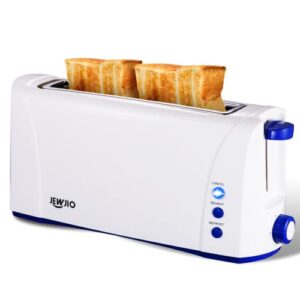 jewjio long slot white toaster 2 slice with blue buttom, 1.5” wide slot best slim 2 slice toaster, one long slot toaster with defrost/reheat/cancel/6 bread shade settings/removable crumb tray, easy to storage in kitchen, rv, sideboard, 1000w