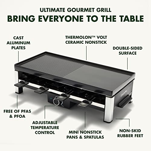 GreenPan Electrics Healthy Ceramic Nonstick, 3-in-1 Reversible Grill, Griddle & Raclette, PFAS-Free, Serves up to 8 People for Parties &Family Fun, Pancake Plate, 8 Mini Square Nonstick Pans& Spatulas