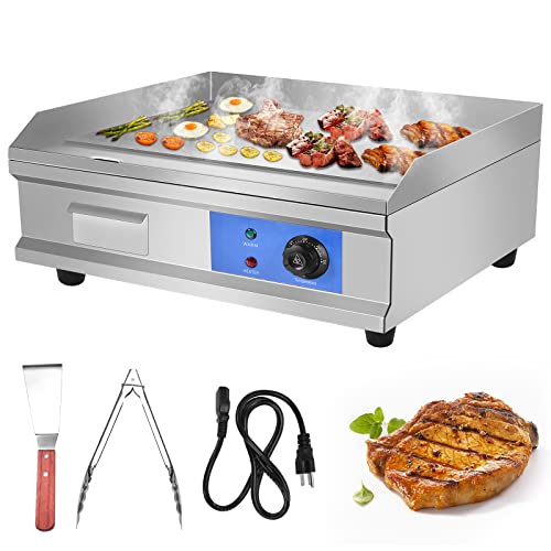 3000W 21.6" Electric Countertop Flat Top Griddle Grill Non-Stick Commercial Restaurant Teppanyaki Grill Stainless Steel Tabletop Flat Top Grill Machine with Adjustable Thermostatic Control,110V