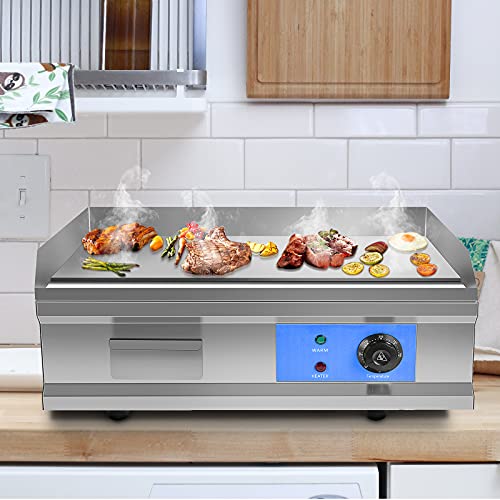 3000W 21.6" Electric Countertop Flat Top Griddle Grill Non-Stick Commercial Restaurant Teppanyaki Grill Stainless Steel Tabletop Flat Top Grill Machine with Adjustable Thermostatic Control,110V