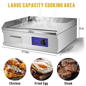 3000W 21.6" Electric Countertop Flat Top Griddle Grill Non-Stick Commercial Restaurant Teppanyaki Grill Stainless Steel Tabletop Flat Top Grill Machine with Adjustable Thermostatic Control,110V