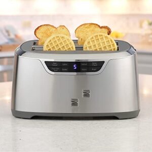 Kenmore Elite 4-Slice Long Slot Toaster Silver, One-Touch Auto-Lift, Stainless Steel, Adjustable Browning, Defrost, Digital Countdown Timer, Retractable Cord, Toast, Bagels, Waffles, English Muffins