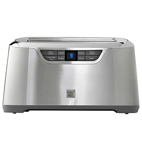 Kenmore Elite 4-Slice Long Slot Toaster Silver, One-Touch Auto-Lift, Stainless Steel, Adjustable Browning, Defrost, Digital Countdown Timer, Retractable Cord, Toast, Bagels, Waffles, English Muffins