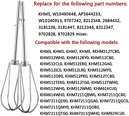 KHMPW & W10490648 Beaters for Hand Mixer by Wadoy Stainless Steel Pro Whisk Turbo Beaters, Cream, Making Mousse or Meringue, Shakes, Egg, Replace AP5644233, PS4082859, KHM2B, KHM512BM