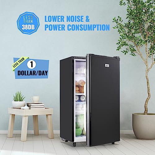 WANAI Single Door Fridge 3.2 Cu.Ft Refrigerator with Freezer, 5 Level Adjustable Thermostat, Fridge for Dorm Office Bedroom LED Light & Removable Glass Shelves, Black