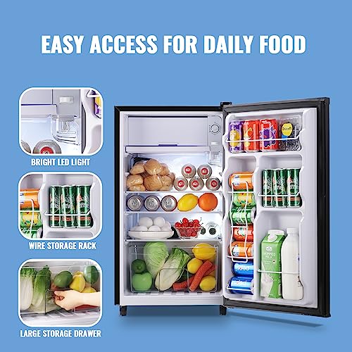 WANAI Single Door Fridge 3.2 Cu.Ft Refrigerator with Freezer, 5 Level Adjustable Thermostat, Fridge for Dorm Office Bedroom LED Light & Removable Glass Shelves, Black