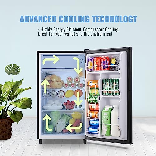 WANAI Single Door Fridge 3.2 Cu.Ft Refrigerator with Freezer, 5 Level Adjustable Thermostat, Fridge for Dorm Office Bedroom LED Light & Removable Glass Shelves, Black