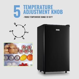 WANAI Single Door Fridge 3.2 Cu.Ft Refrigerator with Freezer, 5 Level Adjustable Thermostat, Fridge for Dorm Office Bedroom LED Light & Removable Glass Shelves, Black