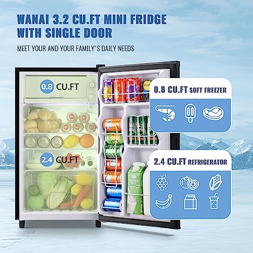 WANAI Single Door Fridge 3.2 Cu.Ft Refrigerator with Freezer, 5 Level Adjustable Thermostat, Fridge for Dorm Office Bedroom LED Light & Removable Glass Shelves, Black