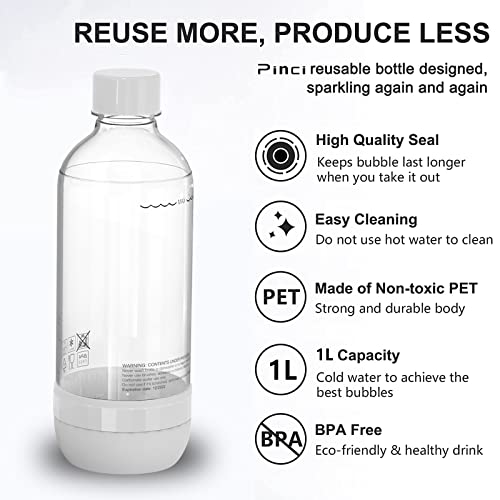 pinci Reusable Soda Stream 1-Liter Carbonating Bottles,BPA-Free Sparkling Water Bottle,Compatible Soda-stream Water Maker(White)