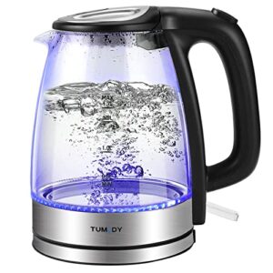 tumidy glass electric kettle water boiler, 1.7l fast boil auto shut-off hot water kettle with boil dry protection and led light, built-in mesh filter tea kettle for tea coffee hot cocoa 1500w bpa free