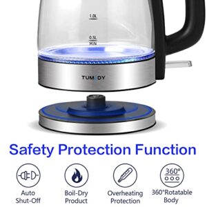 TUMIDY Glass Electric Kettle Water Boiler, 1.7L Fast Boil Auto Shut-Off Hot Water Kettle with Boil Dry Protection and LED Light, Built-in Mesh Filter Tea Kettle for Tea Coffee Hot Cocoa 1500W BPA Free